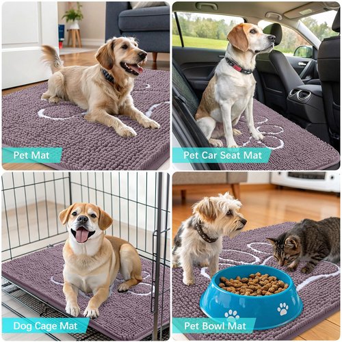 OLANLY Dog Door Mat for Muddy Paws 30x20, Paw Print Design, Absorbs Moisture and Dirt, Absorbent Non-Slip Washable Doormat, Quick Dry Chenille Mud Mat, Entry Indoor Entryway Carpet, Deep Plum