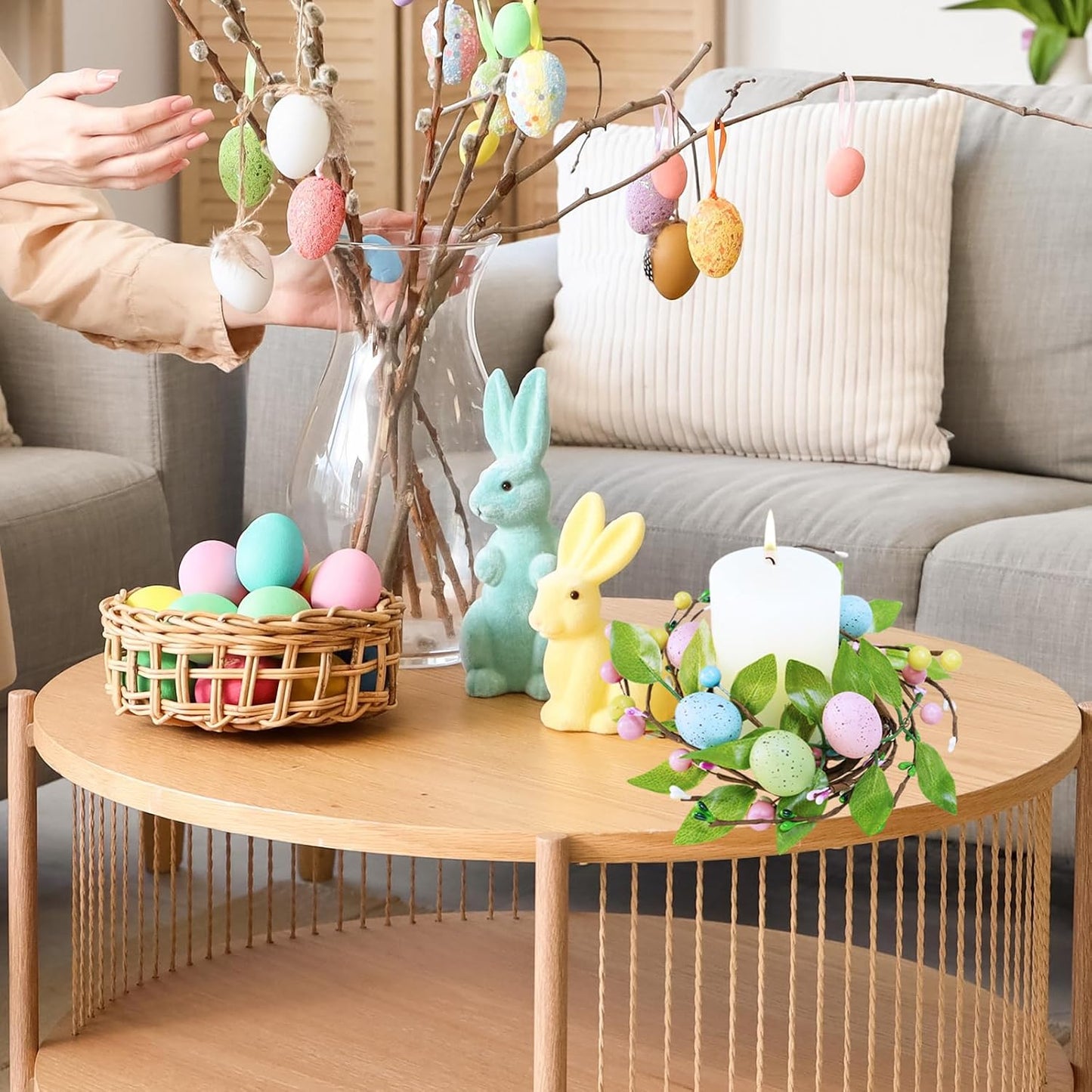 Winlyn Easter Egg Candle Rings - 4 Pcs Spring Wreaths with Pastel Eggs & Foliage | 11" Table Centerpiece Decor