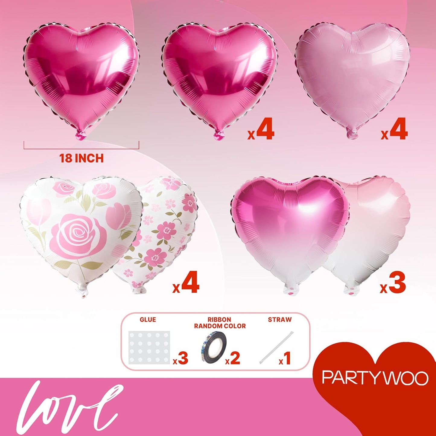 PartyWoo Pink Balloons - 127 Pcs Including Heart Foil & Gradient Rose Print - Perfect for Valentine's Day & Weddings