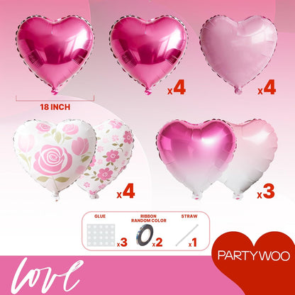 PartyWoo Pink Balloons - 127 Pcs Including Heart Foil & Gradient Rose Print - Perfect for Valentine's Day & Weddings
