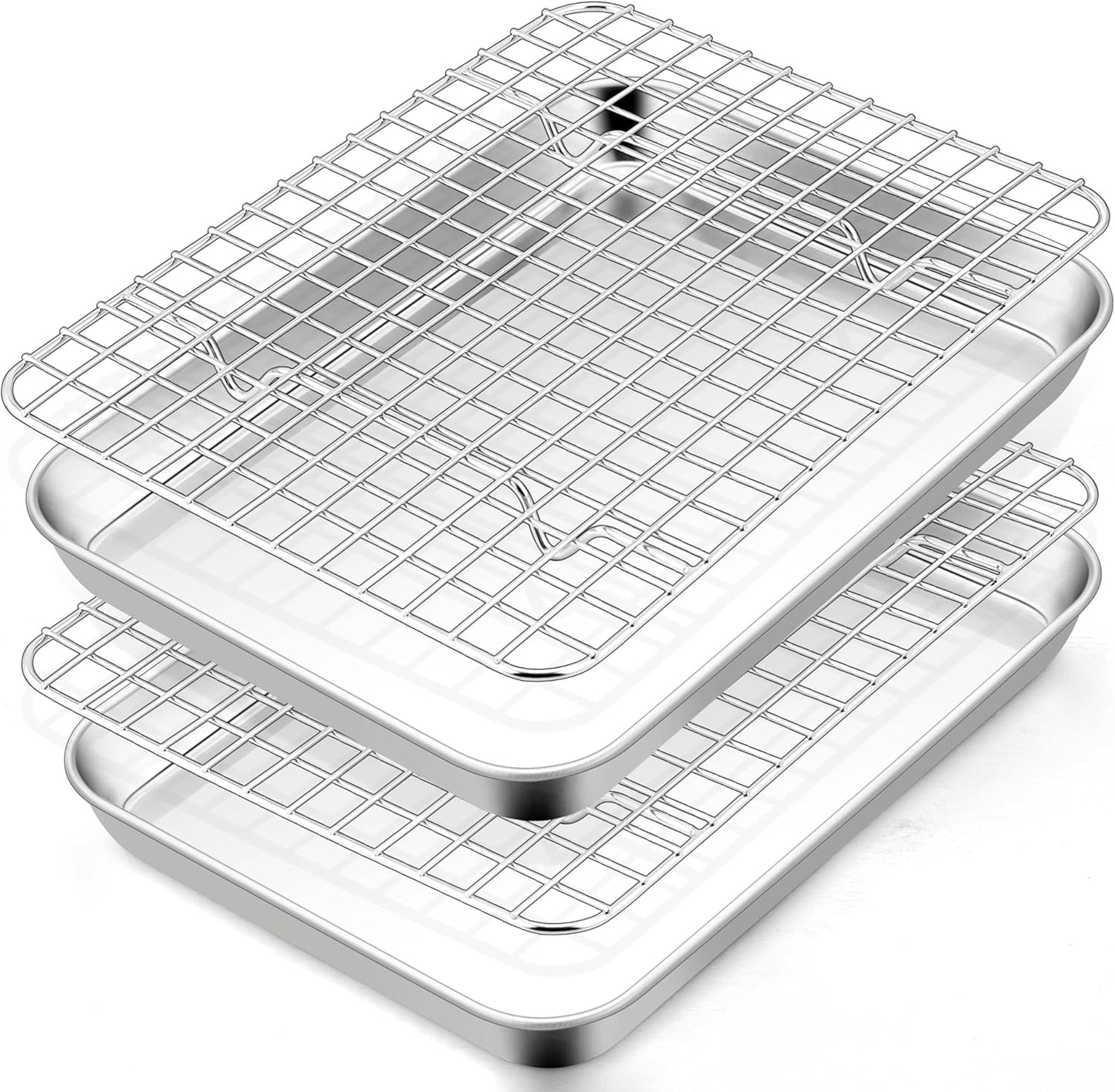 TeamFar Stainless Steel Toaster Oven Pan Set - 9 x 7 Inch Mini Baking Tray with Rack | Non-Toxic & Dishwasher Safe (2 Pans + 2 Racks)