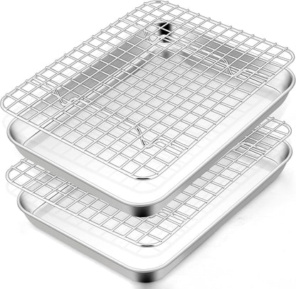 TeamFar Stainless Steel Toaster Oven Pan Set - 9 x 7 Inch Mini Baking Tray with Rack | Non-Toxic & Dishwasher Safe (2 Pans + 2 Racks)
