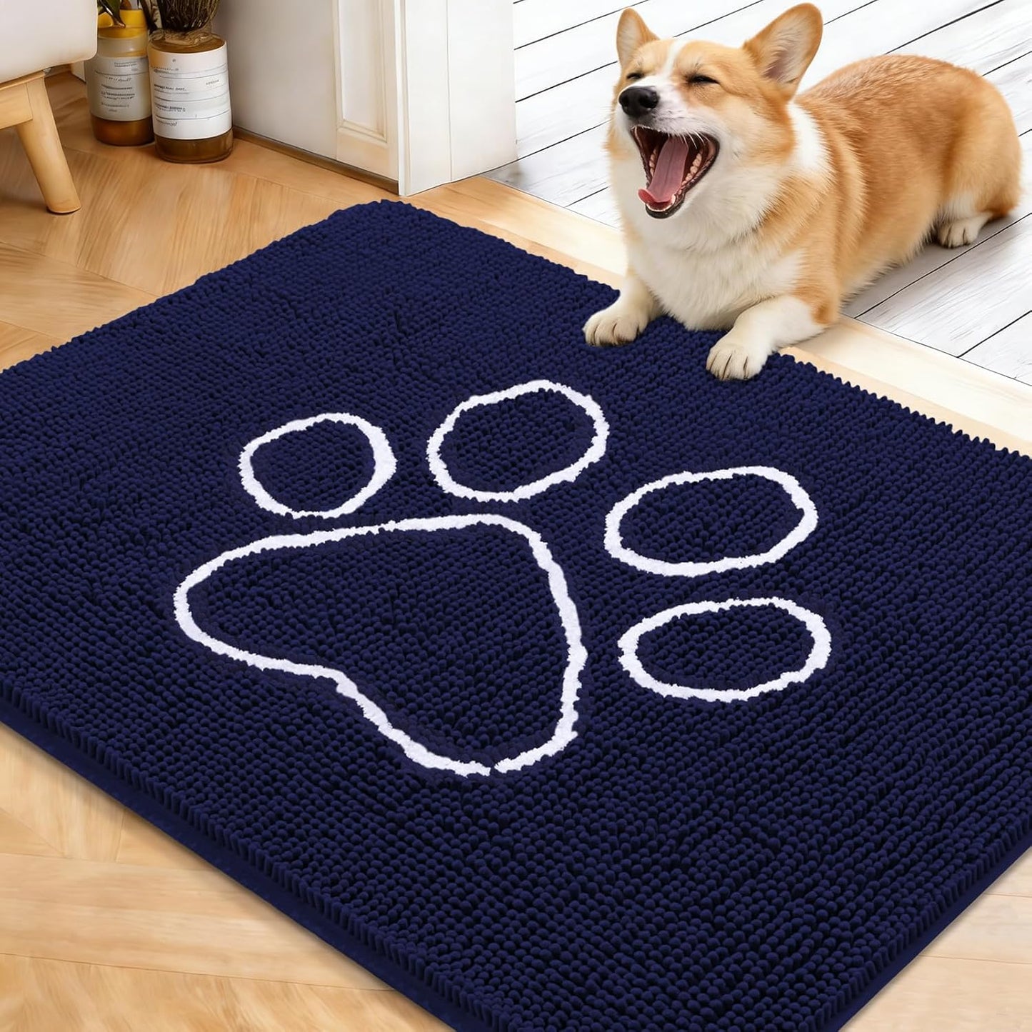 OLANLY Dog Door Mat - Absorbent Non-Slip Mud Mat for Paws | 40x32 Navy Blue Chenille Design