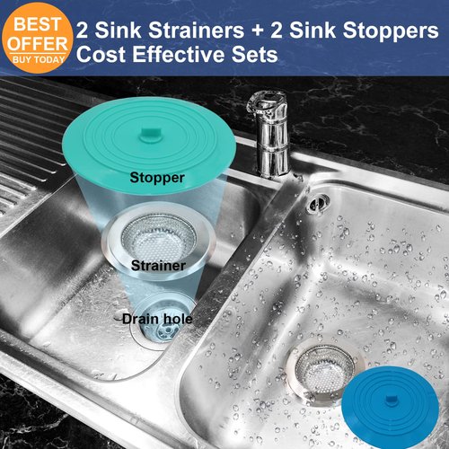 V-TOP Kitchen Drain Strainer Stopper 4 Pack, Universal 6 Inch Silicone Plug Anti-Clogging Stopper Cover, 4.5 Inch Stainless Steel Basket Strainer Food and Hair Catcher