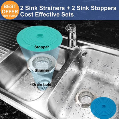 V-TOP Kitchen Drain Strainer Stopper 4 Pack, Universal 6 Inch Silicone Plug Anti-Clogging Stopper Cover, 4.5 Inch Stainless Steel Basket Strainer Food and Hair Catcher