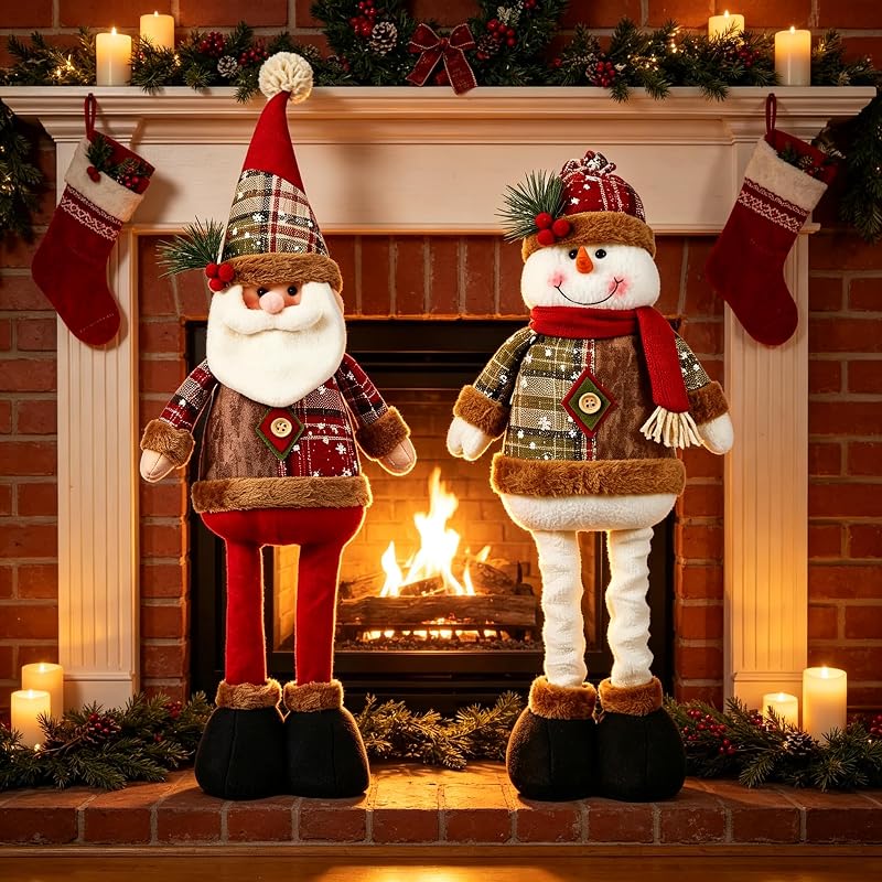 Christmas Extendable Santa & Snowman Plush Set - Standing Holiday Table Decor