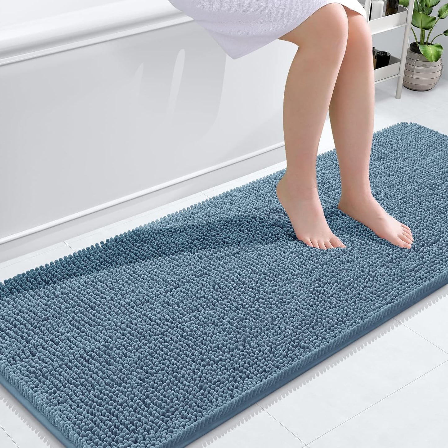 OLANLY Bathroom Runner Rugs - Soft Absorbent Chenille Bath Mats | Quick-Dry Rubber Backing, 59x24, Airy Blue