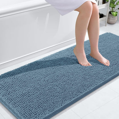 OLANLY Bathroom Runner Rugs - Soft Absorbent Chenille Bath Mats | Quick-Dry Rubber Backing, 59x24, Airy Blue