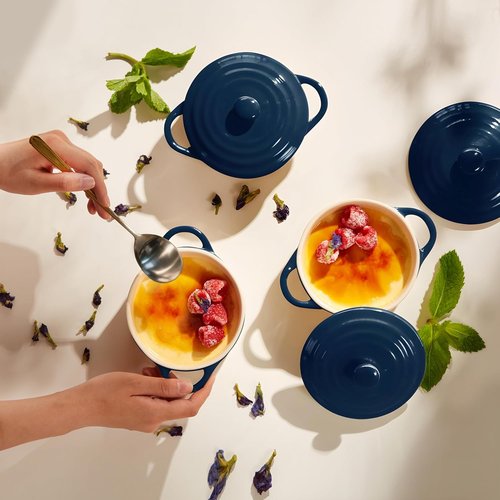 Kook Ceramic Mini Cocotte Set - 12 oz Individual Baking Ramekins | Oven Safe, Microwave & Dishwasher Safe, Navy - Set of 4
