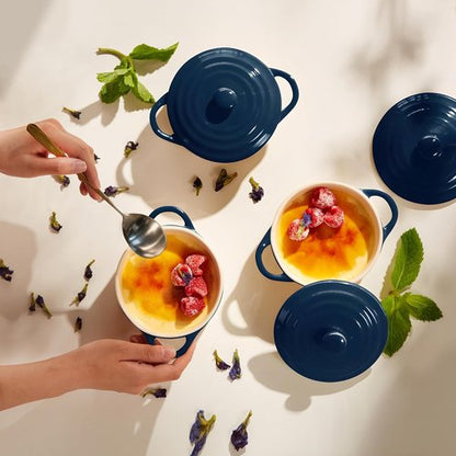 Kook Ceramic Mini Cocotte Set - 12 oz Individual Baking Ramekins | Oven Safe, Microwave & Dishwasher Safe, Navy - Set of 4
