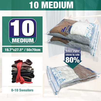 Skiennix Vacuum Storage Bags - 10 Medium Space Saver Seal Bags for Clothes with Travel Pump