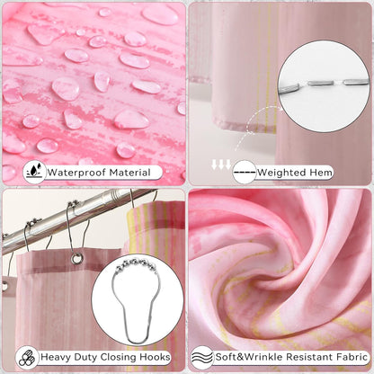 XLHOMO Bathroom Set - Elegant Pink & Gold Accessories with Shower Curtain, Rugs & Dispenser