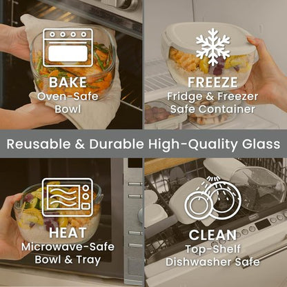 Bentgo Glass Salad Container - 7.6-Cup Leak-Proof Bowl with Airtight Lid & 4-Compartment Tray | BPA-Free, Reusable Fork (White)