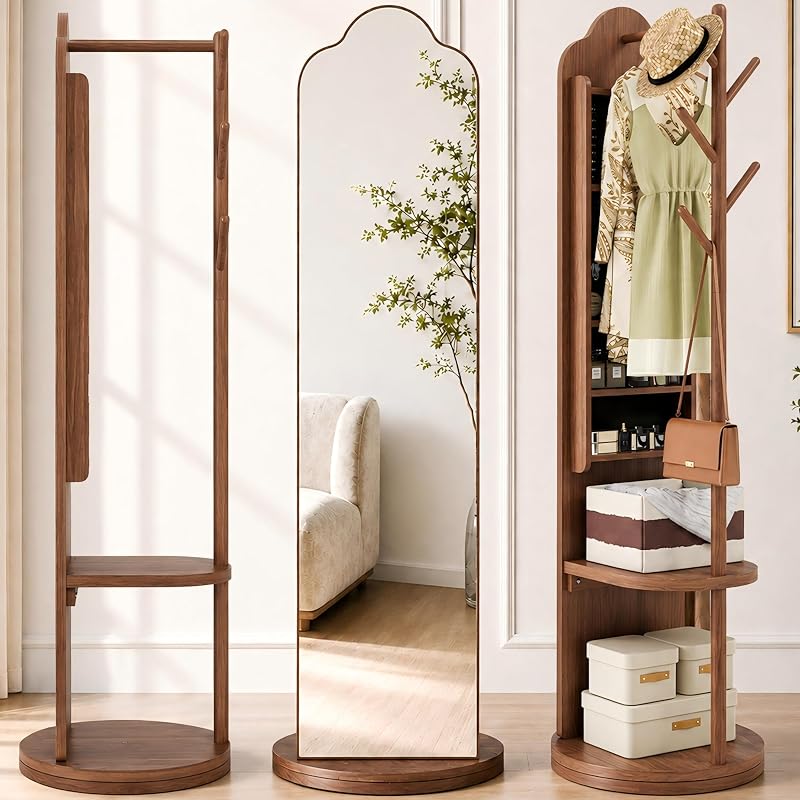 Full Length Mirror with Coat Rack & Storage – 66" L x 18" W Walnut Brown, 360° Rotating Solid Wood