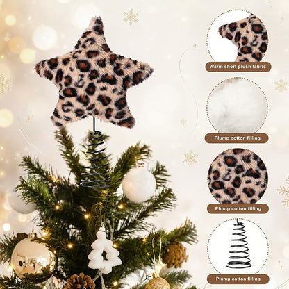 Leopard Print Tree Topper Star 8x10 Inch - Silver Metal Christmas Decoration