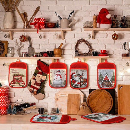 Jingmore 12 Pcs Christmas Pot Holders with Pocket – Red White Retro Style