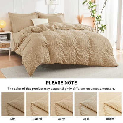 HYMOKEGE Khaki California King Comforter Set Seersucker 7 Pieces, All Season Luxury Bed in a Bag for Bedroom, Bedding Set with Comforter, Sheets, Pillowcases & Shams