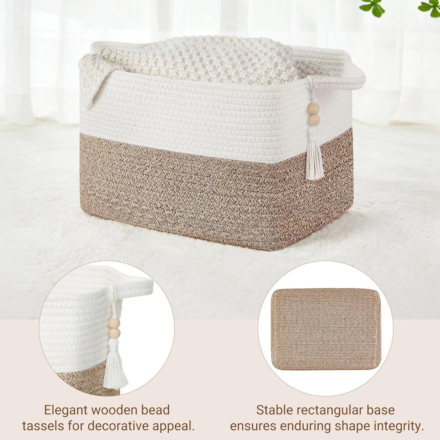 Mkono Woven Storage Basket - Cube Cotton Rope Organizer for Toys, Clothes & Towels | 13" x 10" x 9", Brown & White
