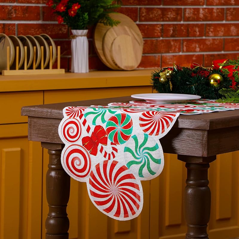 Candy Cane Christmas Table Runner - Burlap 71 x 14 Inches