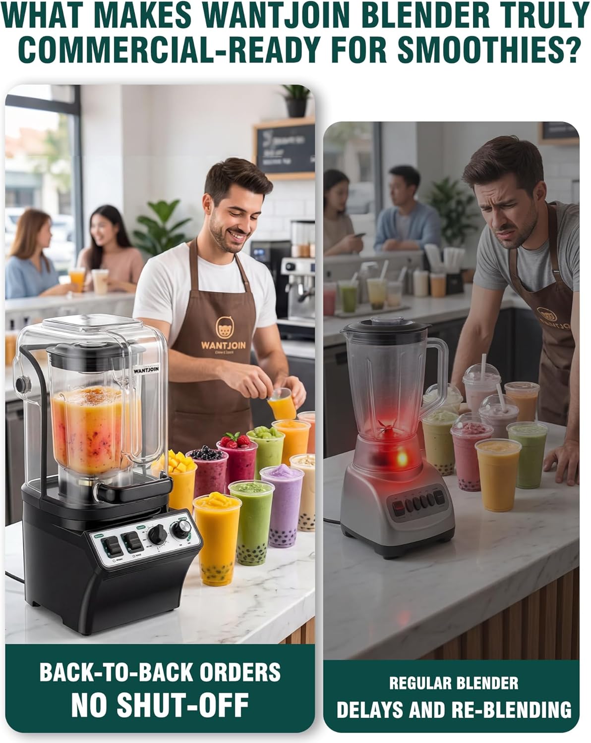 WantJoin Commercial Blender - 80Oz Quiet Smoothie Maker with Soundproof Shield & Self-Cleaning Feature