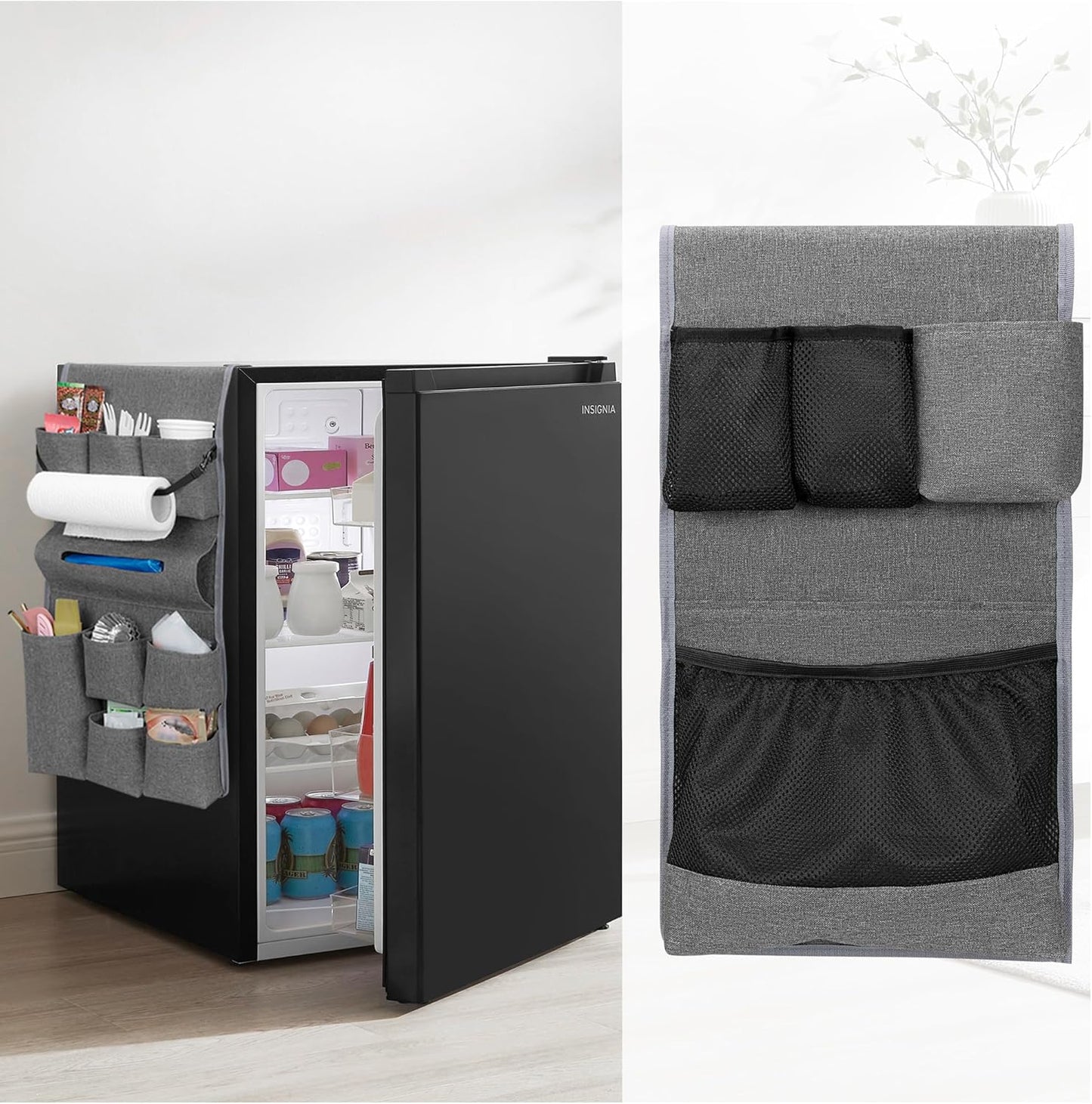 Rexmica Mini Fridge Organizer - 14 Pocket Dust Cover Storage Bag for Home, Office & Dorm | Gray
