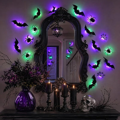 LED Halloween Wall Decor Set – 42pcs 3D Bats & Spiders with Green & Purple Lights