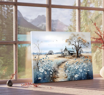 Rustic Farmhouse Canvas Wall Art - Beautiful Wildflower Barn Painting | Nature Scenery Poster 16x24in