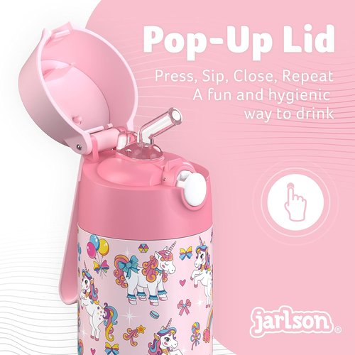 Jarlson® Kids Water Bottle CHARLI | 18oz Stainless Steel Insulated Thermo Bottle with Straw - Spill Proof for School & Sports (Unicorn)
