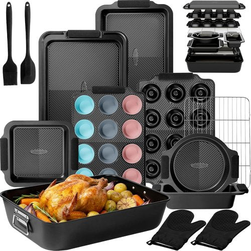 Kikcoin 25 PCS Non-Stick Baking Pans Set - Heavy-Duty Bakeware with Silicone Handles | Oven Safe to 450°F