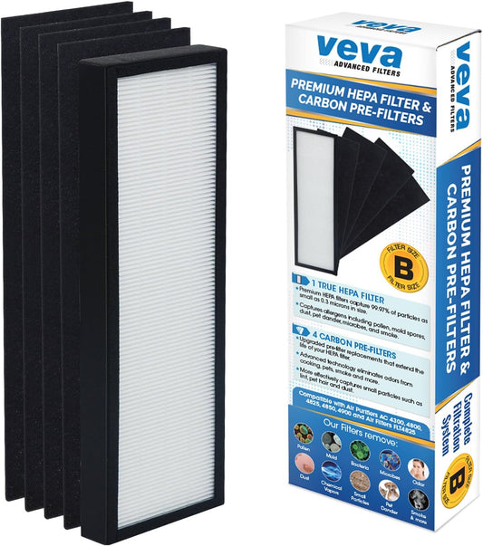 Veva HEPA Filter B - Compatible Replacement for Germ Guardian AC4825 & More | Includes 1 HEPA & 4 Carbon Filters