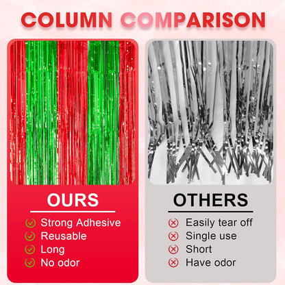 Voircoloria 3 Pack Red & Green Foil Fringe Backdrop Curtains - 3.3x8.2 Feet Tinsel Streamers for Parties