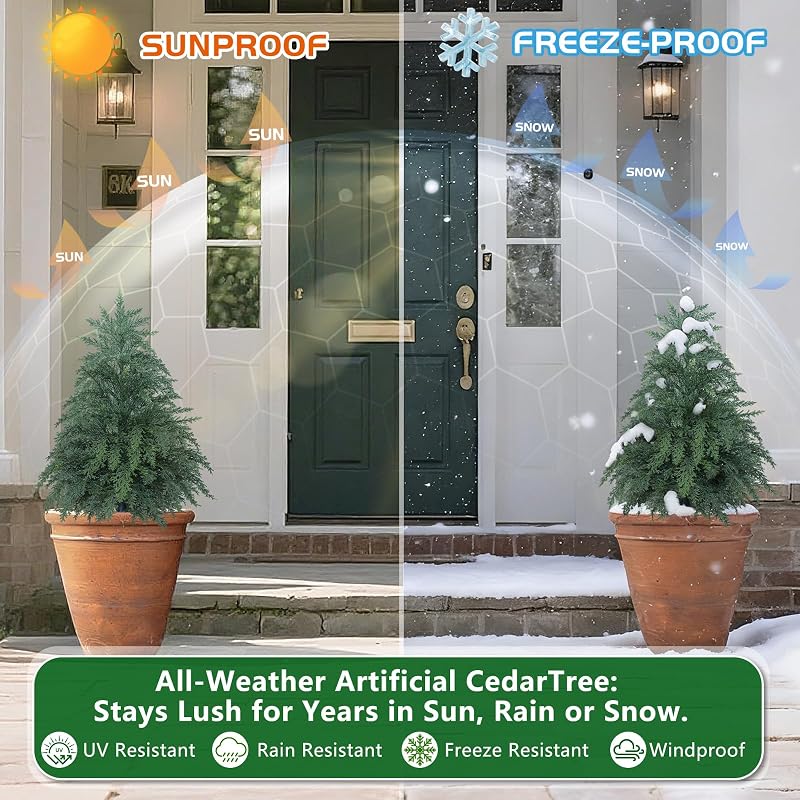2FT Artificial Topiary Cedar Trees with Pot – 2 Pack, Faux Plants