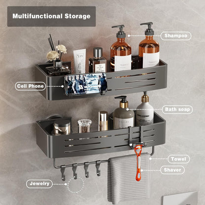 Voldra Shower Caddy - Suction Cup Shower Shelves with Towel Bar & Hooks | No Drilling, Gray, 2 Pack