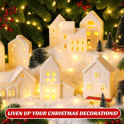 Barydat 40 Pcs Ceramic Christmas Village Set - 10 LED White Houses & Xmas Trees | Holiday Decor