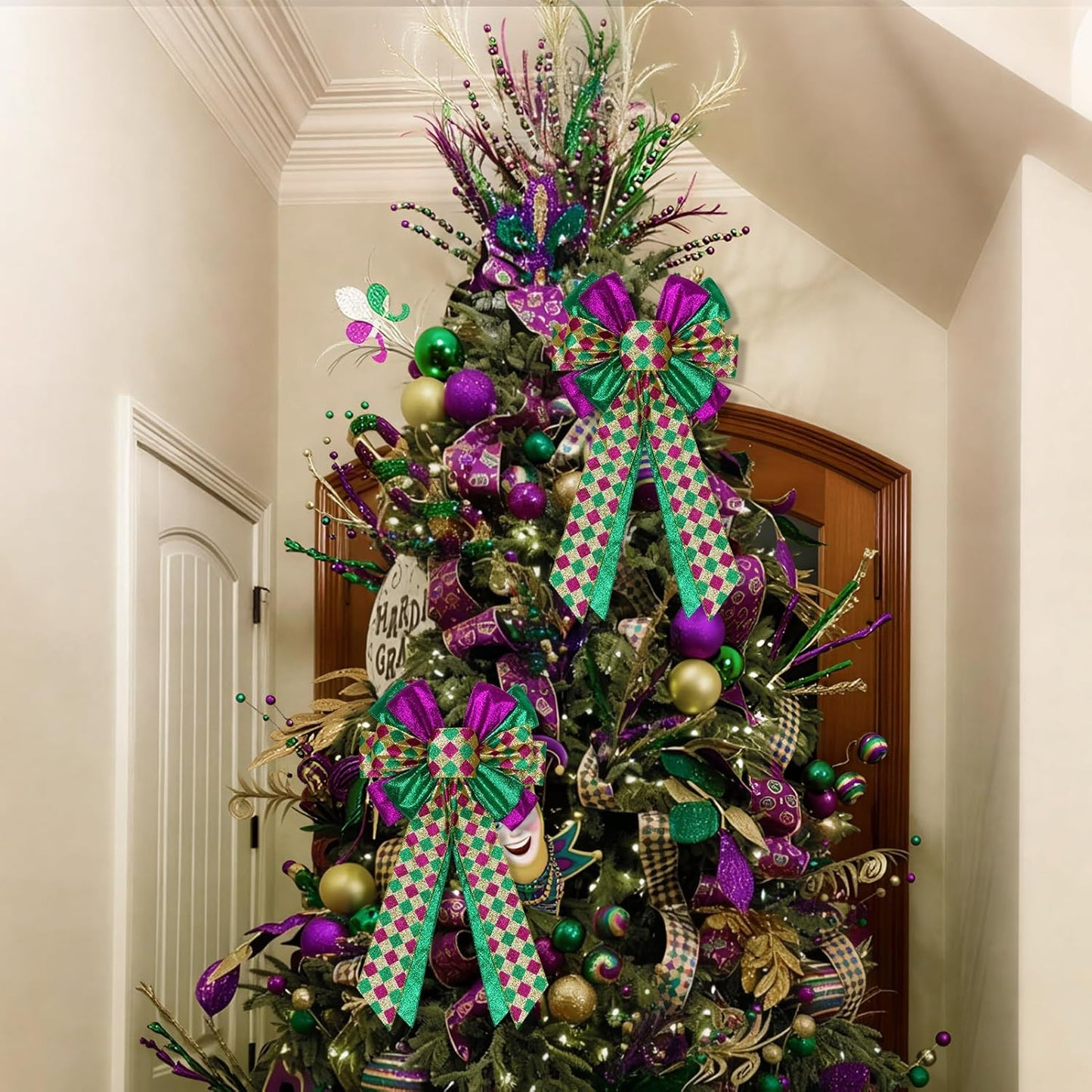 Skiennix Mardi Gras Bows - Large 12”x20” Glitter Tree Topper Decor for Holiday Parties & Wreaths | Gold, Green, Purple