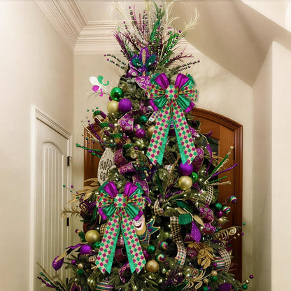 Skiennix Mardi Gras Bows - Large 12”x20” Glitter Tree Topper Decor for Holiday Parties & Wreaths | Gold, Green, Purple