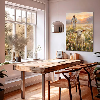 SIXWOOD Canvas Wall Art - Jesus Seeking Lost Sheep | Framed Christian Decor for Living Room, 12x16 in
