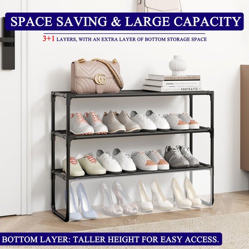 COAPUKT Long Shoe Rack, 3-Tier Stackable Shoe Organizer for Closet, Entryway, Hallway, Extra Bottom Layer, Holds 16-20 Pairs, Sturdy & Durable Waterproof Fabric Shelf, Space-Saving,Black(35.8" Wide)
