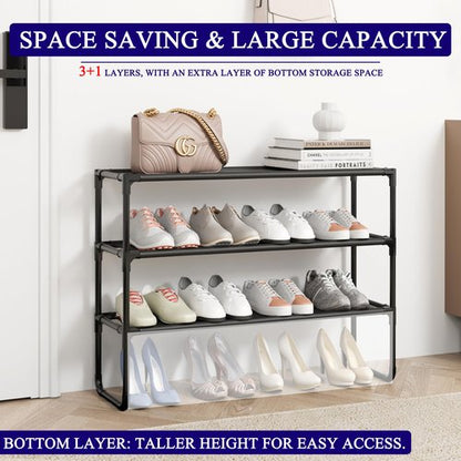 COAPUKT Long Shoe Rack, 3-Tier Stackable Shoe Organizer for Closet, Entryway, Hallway, Extra Bottom Layer, Holds 16-20 Pairs, Sturdy & Durable Waterproof Fabric Shelf, Space-Saving,Black(35.8" Wide)