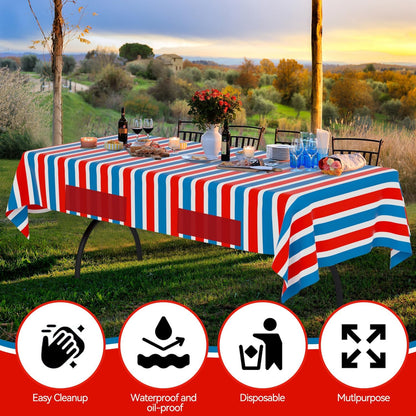 Regine Switzerland 3-Pack Disposable Plastic Tablecloths - Patriotic Striped Design | 72” x 54” for Fourth of July & Parties