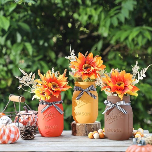 Fall Mason Jar Centerpiece | Set of 3 Decorative Jars with Artificial Flowers for Thanksgiving
