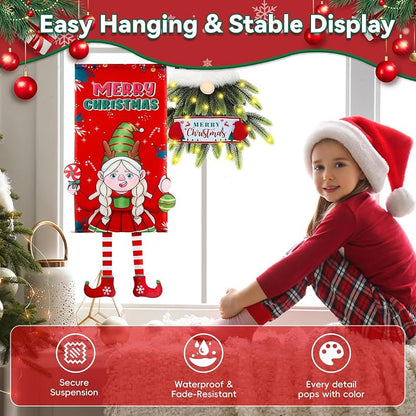 Elf Girl Christmas Banner - Merry Xmas Hanging Flag for Door Decor, Weatherproof Polyester