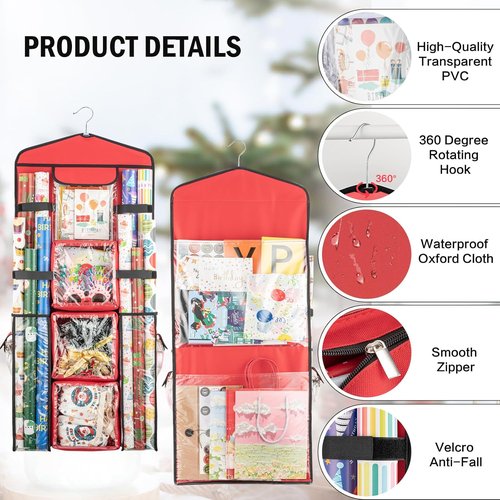 Christmas Wrapping Paper Organizer - Double-Sided Gift Bag Storage Holder | Red