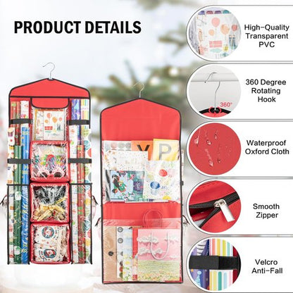 Christmas Wrapping Paper Organizer - Double-Sided Gift Bag Storage Holder | Red