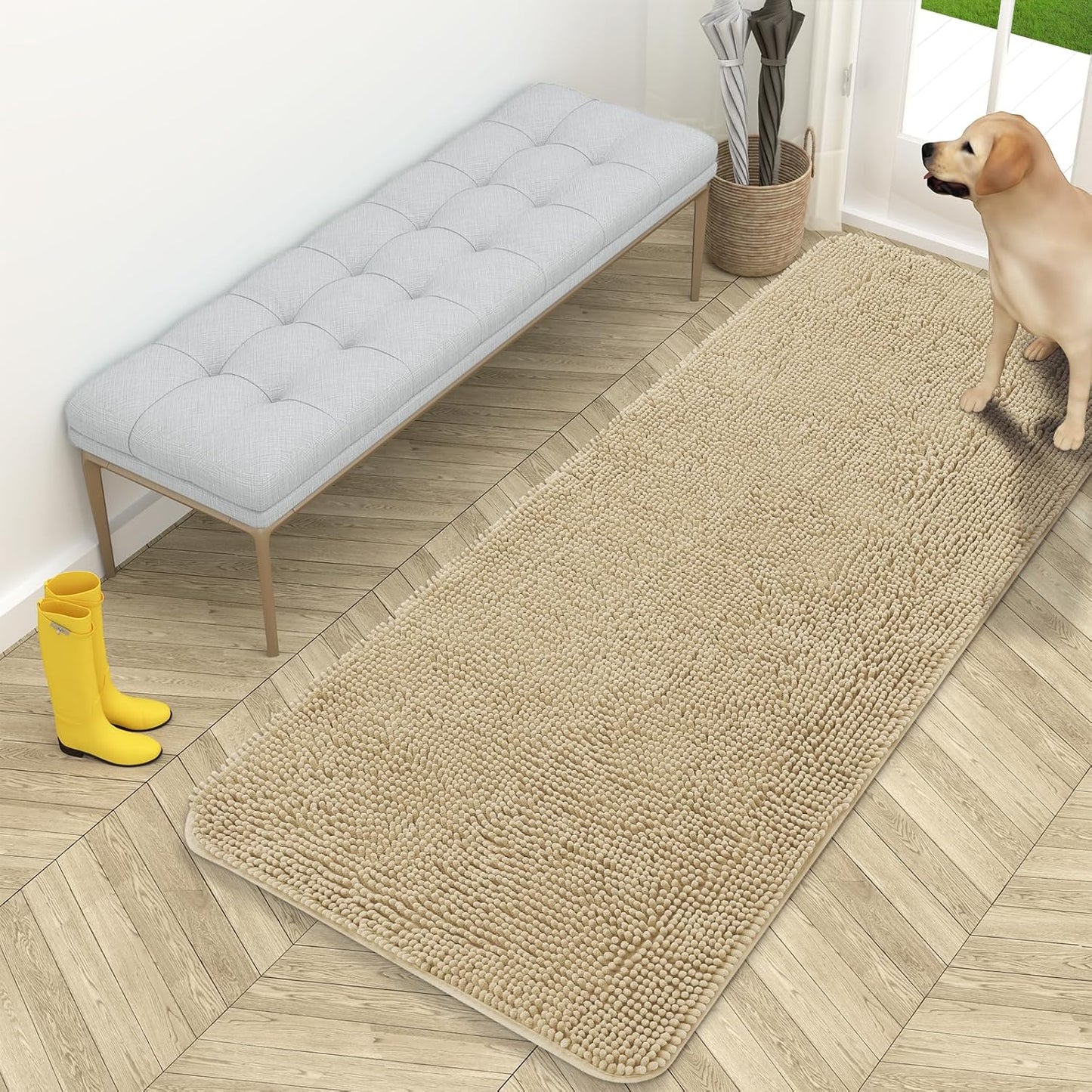 OLANLY Dog Door Mat - Absorbent Non-Slip Chenille for Muddy Paws | 59x24 Inches, Quick Dry, Beige