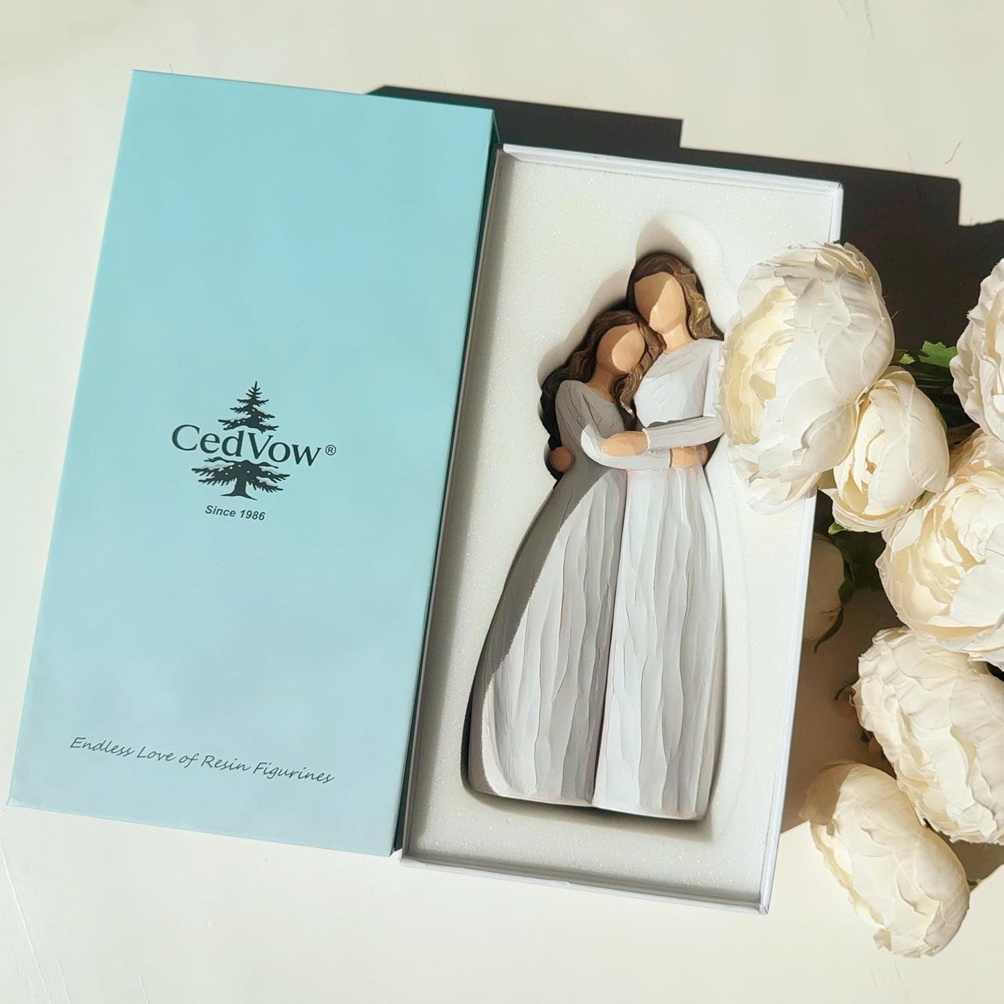 Skiennix Warm Hug Mother's Day Figurine - Solid Resin Mother & Daughter Statue | 7.7'' Luxury Gift Box with Ribbon & Card