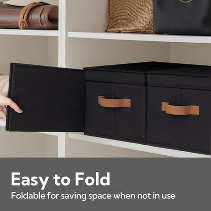 StorageWorks Black Storage Bins - Decorative Foldable Boxes with Lids | Stackable 3-Pack for Closet & Shelves