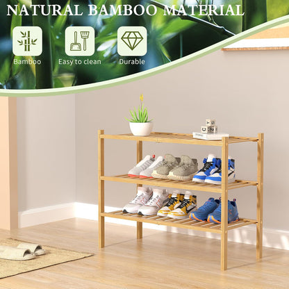 ROMGUAR CRAFT 3-Tier Bamboo Shoe Rack - Free Standing Wood Storage Organizer for Small Spaces | 27"x11"x20" (Natural)