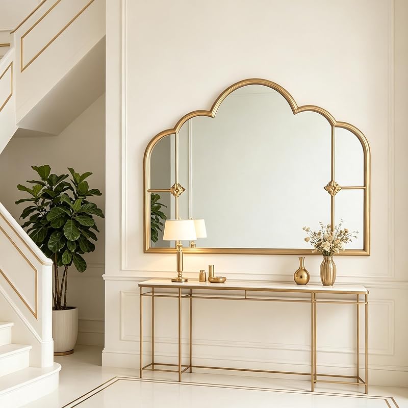 Gold Scalloped Wall Mirror - 33.85 x 25.59 in - Three-Section Vintage Frame