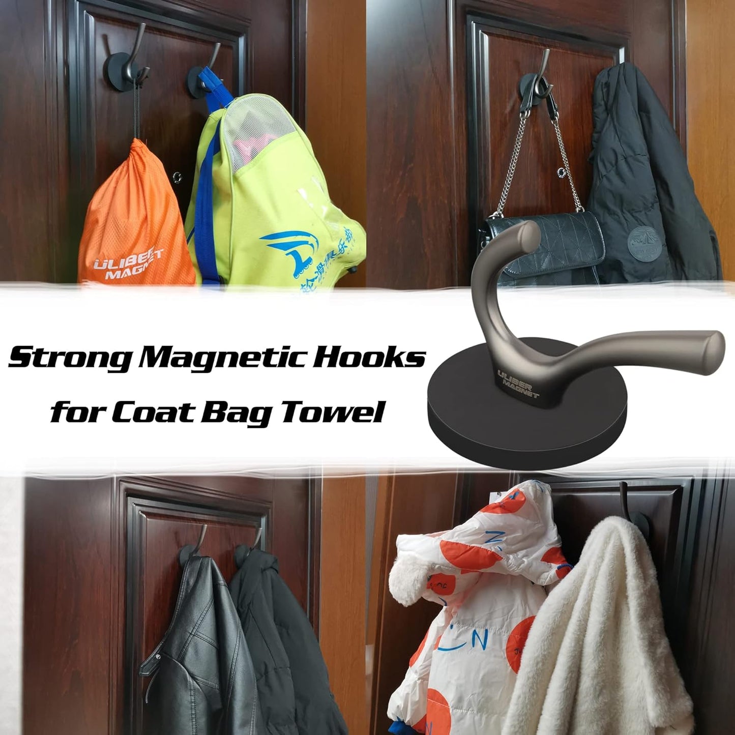 ULIBERMAGNET Strong Magnetic Double Hooks - Heavy Duty Coat Hangers | 2 Pack Brushed Nickel Finish